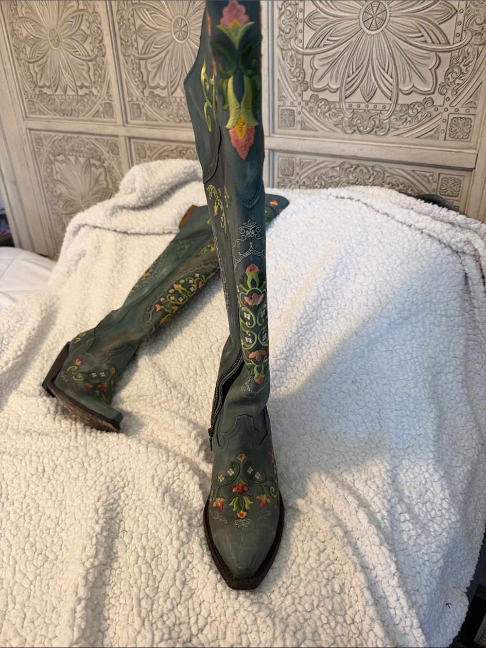Embroidered Over-the-Knee Boots in Green